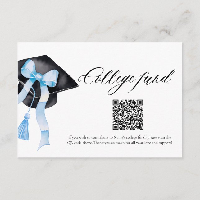 Modern Blue Bow QR Code College Fund Graduation Enclosure Card (Front)