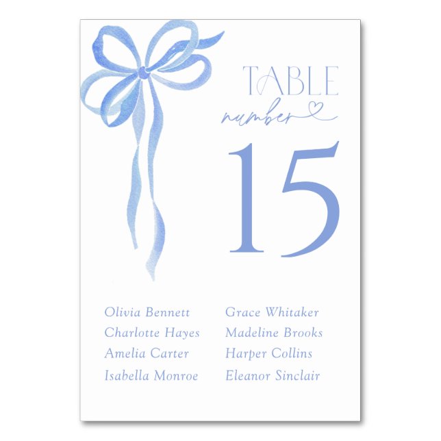 Modern Blue Bow Watercolor Script Bridal Shower Table Number (Front)