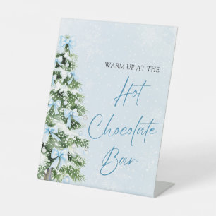 Modern Blue Bows Christmas Tree Hot Chocolate Bar Pedestal Sign