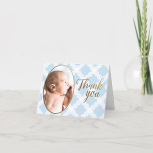 Modern Blue Boy photo Baby Shower Thank You Card