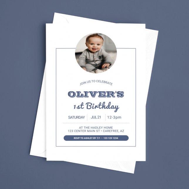 Modern Blue Boys Photo 1st Birthday Invitation (Creator Uploaded)