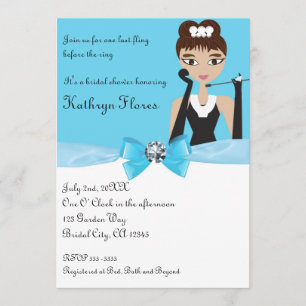 Modern Blue Bridal Shower White Bow & Diamond Invitation