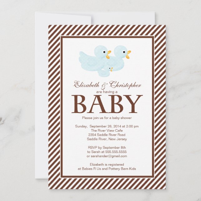 Modern Blue & Brown Ducks Couple Boy Baby Shower Invitation (Front)