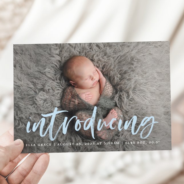 Modern Blue Brush Script Introducing Photo Birth Announcement (Creator Uploaded)