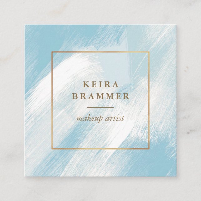 Modern Blue Brush Strokes Gold Frame Square Square Business Card (Front)