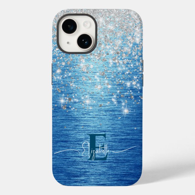 Modern Blue Brushed Metal Silver Glitter Monogram Case-Mate iPhone Case (Back)