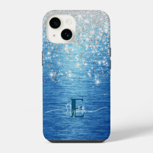 Modern Blue Brushed Metal Silver Glitter Monogram iPhone 14 Case