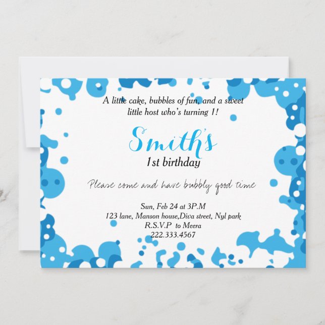Modern Blue Bubbles First Birthday  Invitation (Front)