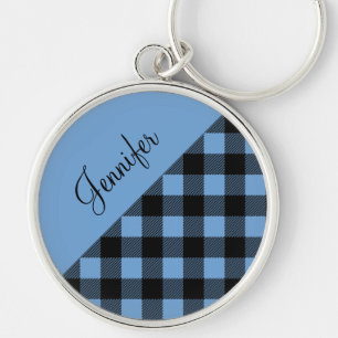 Modern Blue Buffalo Plaid Check Pattern Name Key Ring
