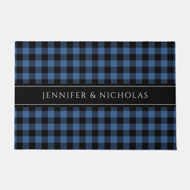 Modern Blue Buffalo Plaid Name Doormat (Front)