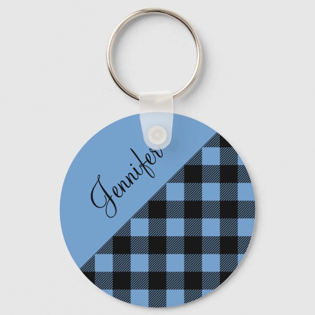 Modern Blue Buffalo Plaid Name Key Ring (Front)