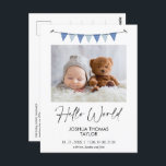 Modern Blue Bunting Flag Hello Birth Announcement Postcard<br><div class="desc">Modern Blue Bunting Flag Hello Birth Announcement Postcard

Modern single photo on the front boy's birth announcement featuring a blue bunting flag,  modern calligraphy heading and black text.  This modern birth announcement postcard is a sweet way to announce the birth of your newborn baby boy.</div>
