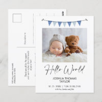 Modern Blue Bunting Flag Hello Birth Announcement