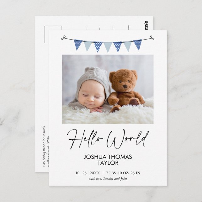 Modern Blue Bunting Flag Hello Birth Announcement Postcard (Front/Back)