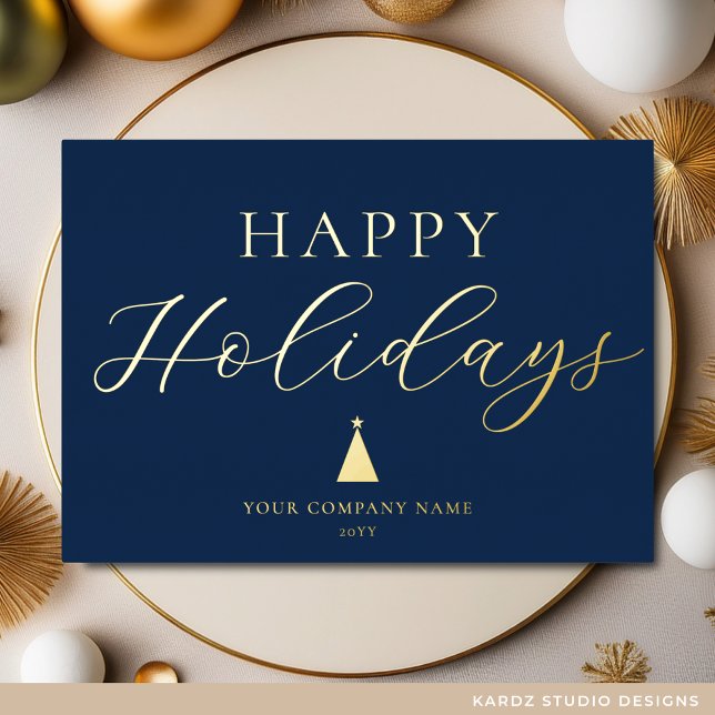 Modern Blue Business Holiday Gold Foil Card (Holiday Card shown in 5 x 7 inches. Personalize with text, logo, message, and foil color.)