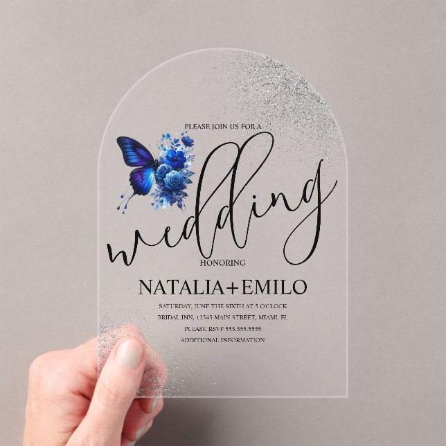 Modern Blue Butterfly  Script Minimal Wedding Acrylic Invitations (Insitu (Handheld))