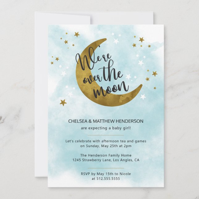 Modern Blue Calligraphy Over The Moon Baby Shower Invitation (Front)