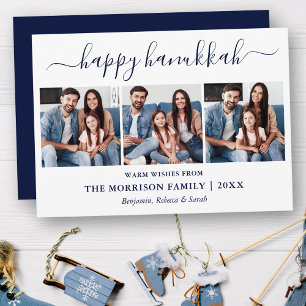 Modern Blue Calligraphy Script Hanukkah 3 Photo  Holiday Card
