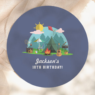 Modern Blue Camping Birthday Party Paper Plate