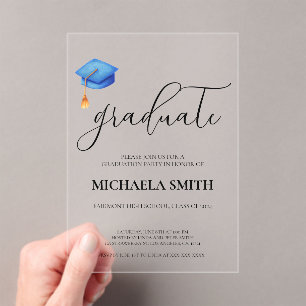 Modern Blue Cap High School Photo Graduation Party Acrylic Invitations