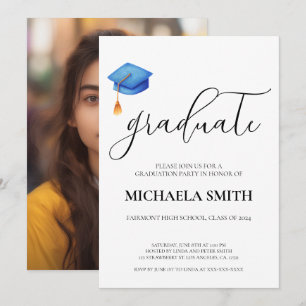 Modern Blue Cap High School Photo Graduation Party Invitation