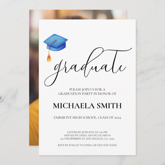Modern Blue Cap High School Photo Graduation Party Invitation (Front/Back)