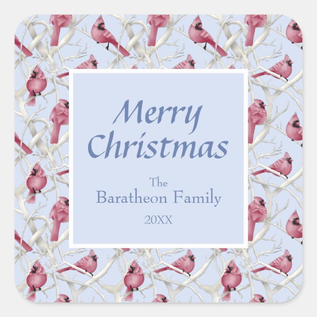 Modern Blue Cardinal Bird Merry Christmas Square Sticker (Front)