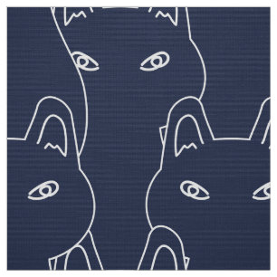 Modern Blue cat line art pattern Fabric