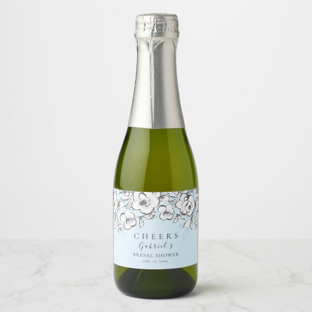 Modern Blue Cheers White Floral Bridal Shower Sparkling Wine Label (Front)