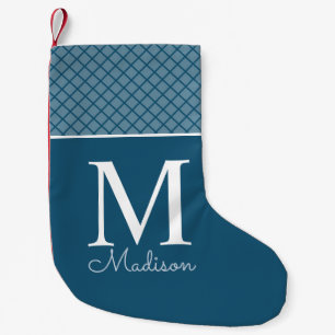 Modern blue chequered pattern name monogram small christmas stocking