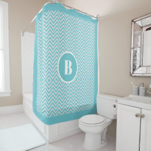 Modern Blue Chevron Monogram Baby Nursery Bath  Shower Curtain