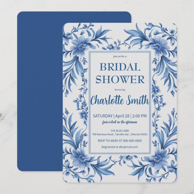 Modern Blue Chinoiserie Floral bridal shower Invitation (Front/Back)