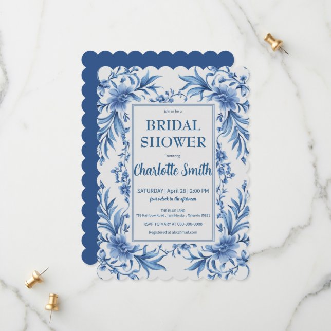 Modern Blue Chinoiserie Floral bridal shower Save The Date (Front/Back In Situ)