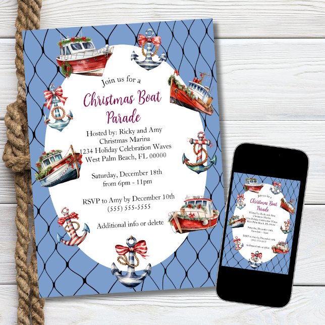 Modern Blue Christmas Boats & Anchors Frame  Invitation (Creator Uploaded)