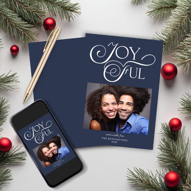 Modern Blue Christmas Joyful Holiday Photo (Modern Blue Christmas Joyful Holiday Photo Card)