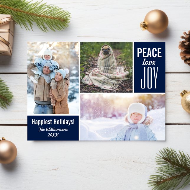Modern Blue Christmas Peace Love Joy Photo Collage Holiday Card (Creator Uploaded)