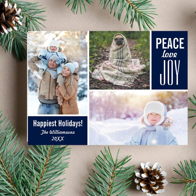 Modern Blue Christmas Peace Love Joy Photo Collage Holiday Card (Creator Uploaded)
