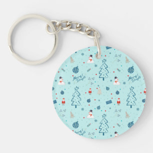 Modern Blue Christmas Pillow – Santa & Snowmen  Key Ring