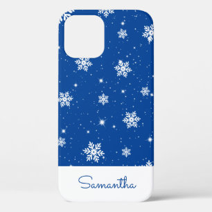 Modern Blue Christmas Snowflake Stars Pattern iPhone 12 Case