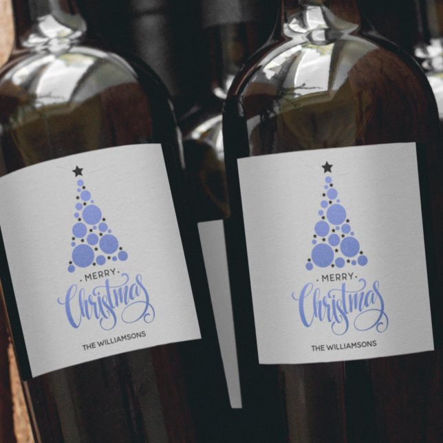 Modern Blue Christmas Tree Holiday Wine Label (Creator Uploaded)