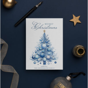 Modern Blue Christmas Tree Watercolor Custom Name Holiday Card