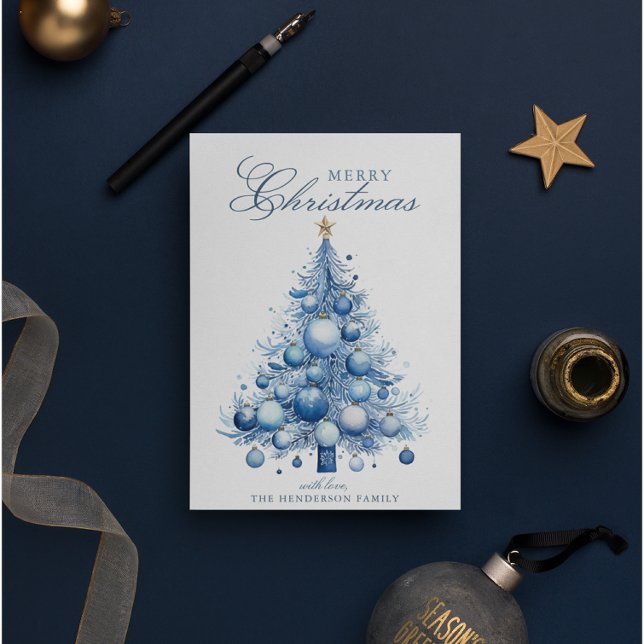 Modern Blue Christmas Tree Watercolor Custom Name Holiday Card (Creator Uploaded)