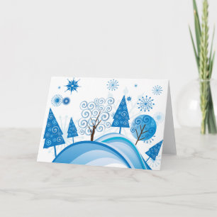 Modern Blue Christmas Trees and Snowflakes Holiday Card