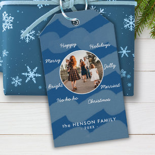 Modern Blue Christmas Wishes Family Photo Gift Tags