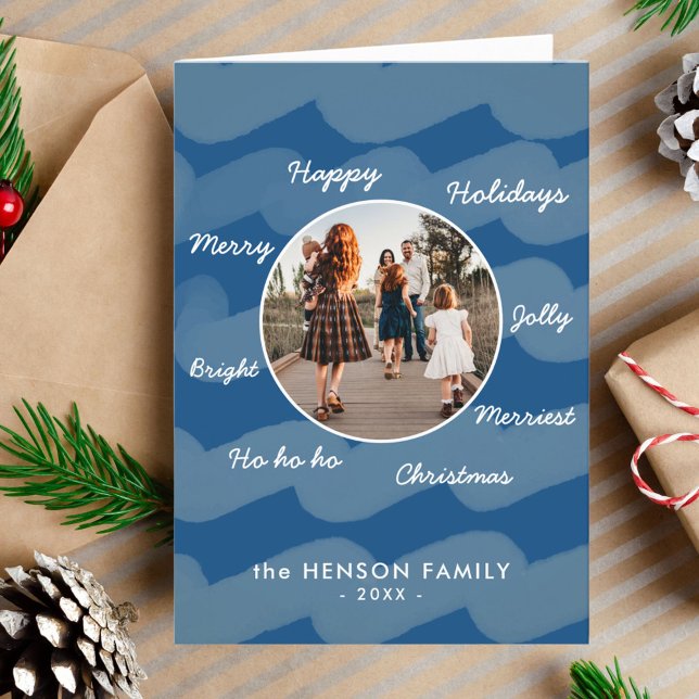 Modern Blue Christmas Wishes Family Photo Holiday Card (Creator Uploaded)