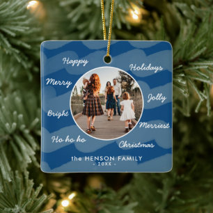 Modern Blue Christmas Wishes Family Photo Keepsake Ceramic Ornament