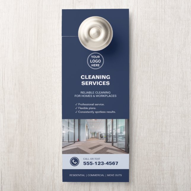 Modern Blue Cleaning Services with QR  Door Hanger (On Knob)