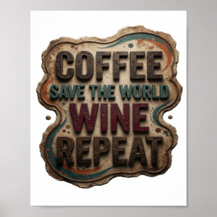 Modern Blue COFFEE SAVE THE WORLD WINE REPEAT Poster