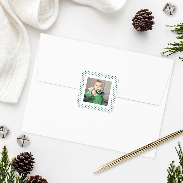 Modern Blue Colourful Stripes Holiday Photo Square Sticker (Creator Uploaded)