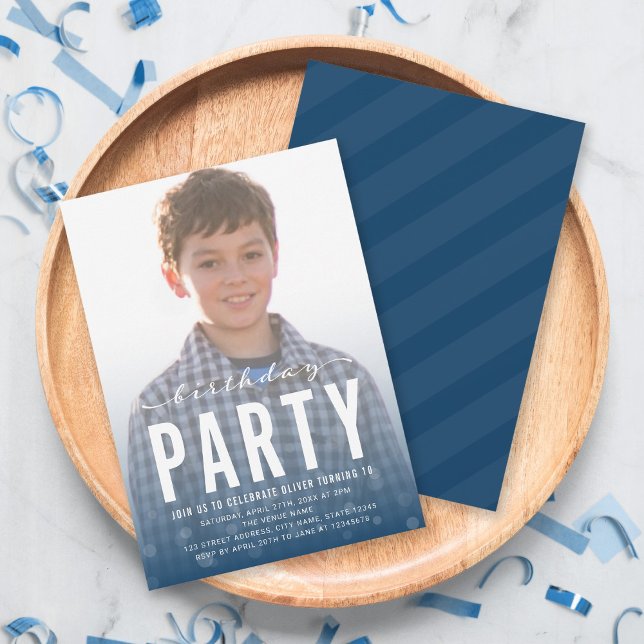 Modern Blue Confetti Any Age Photo Birthday Party Invitation (Creator Uploaded)